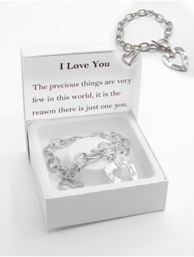 "I Love You" Double Heart Pendant Link Bracelet. W/ Gift Box 